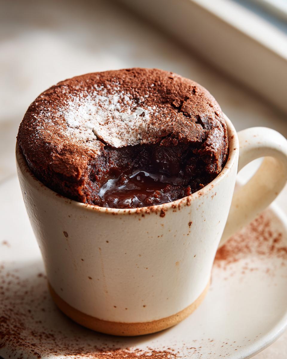 A warm Cottage Cheese Microwave Brownie in a mug, dusted with cocoa powder and powdered sugar.