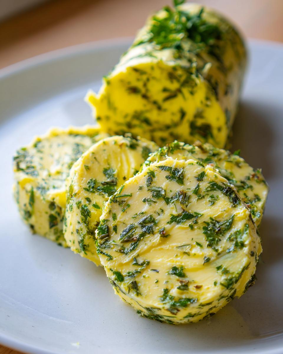 Close-up of a log of Cowboy butter with fresh herbs, sliced on a plate.
