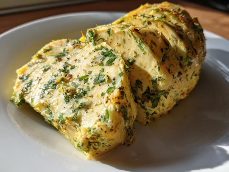 Slices of homemade cowboy butter infused with fresh herbs on a white plate.