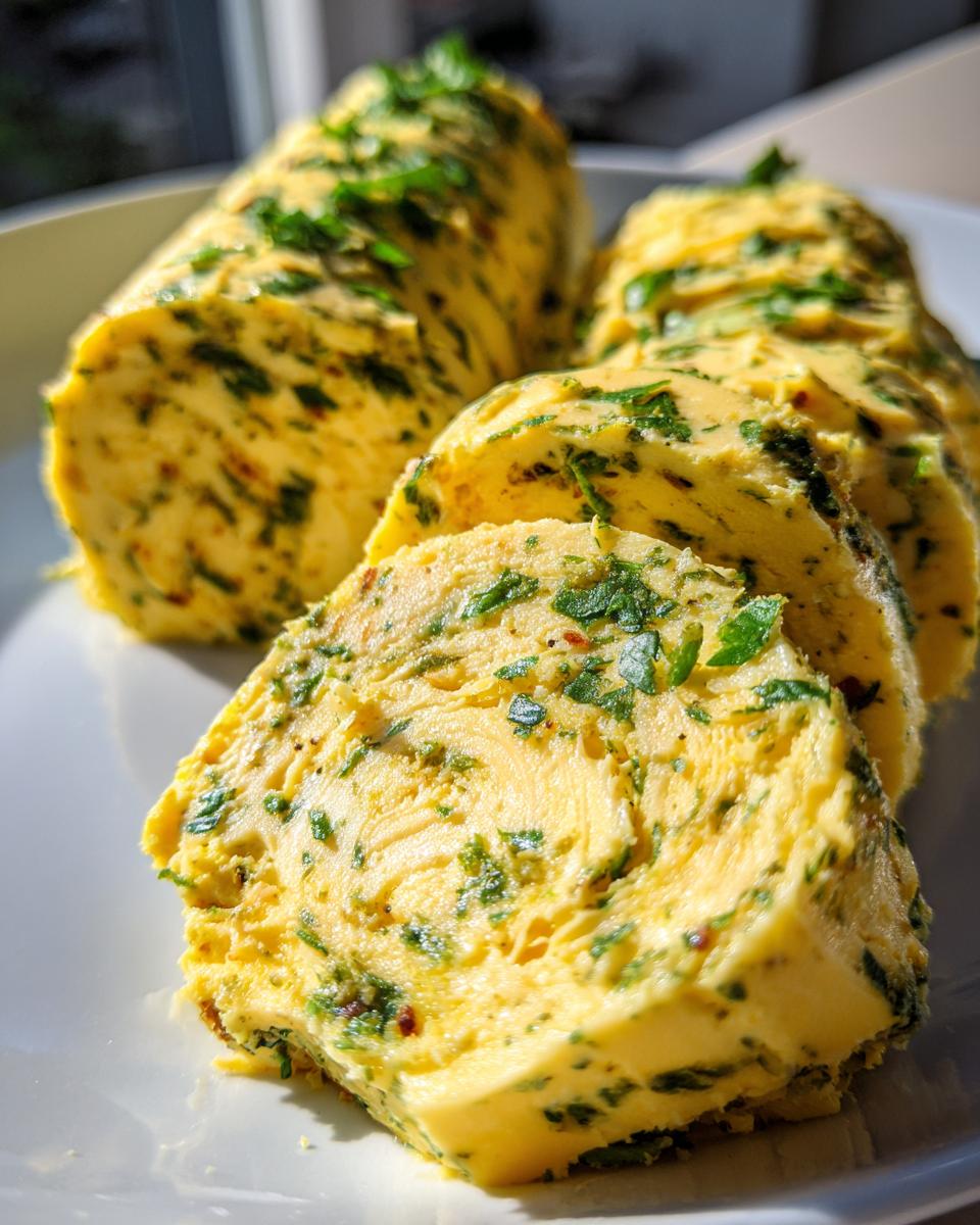 Close-up of sliced Cowboy butter log, showcasing herbs and spices throughout the butter.