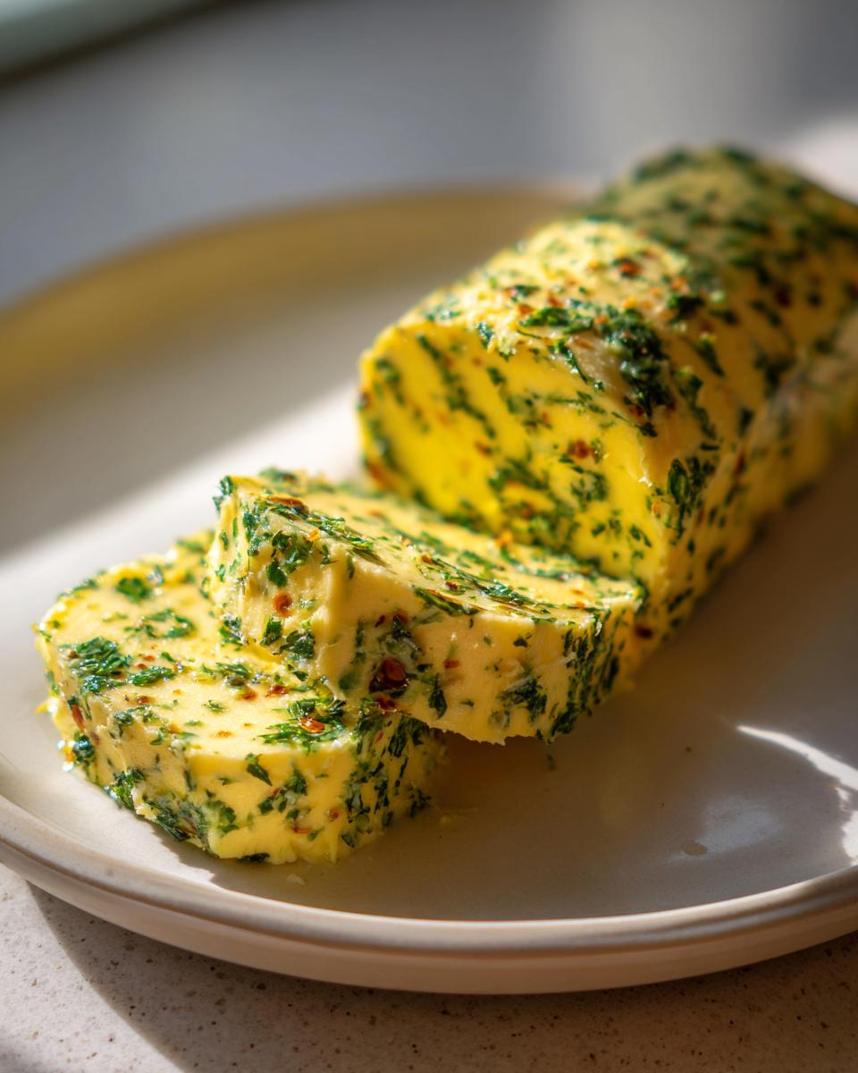 Slices of vibrant yellow cowboy butter, flecked with herbs and spices, arranged on a plate.