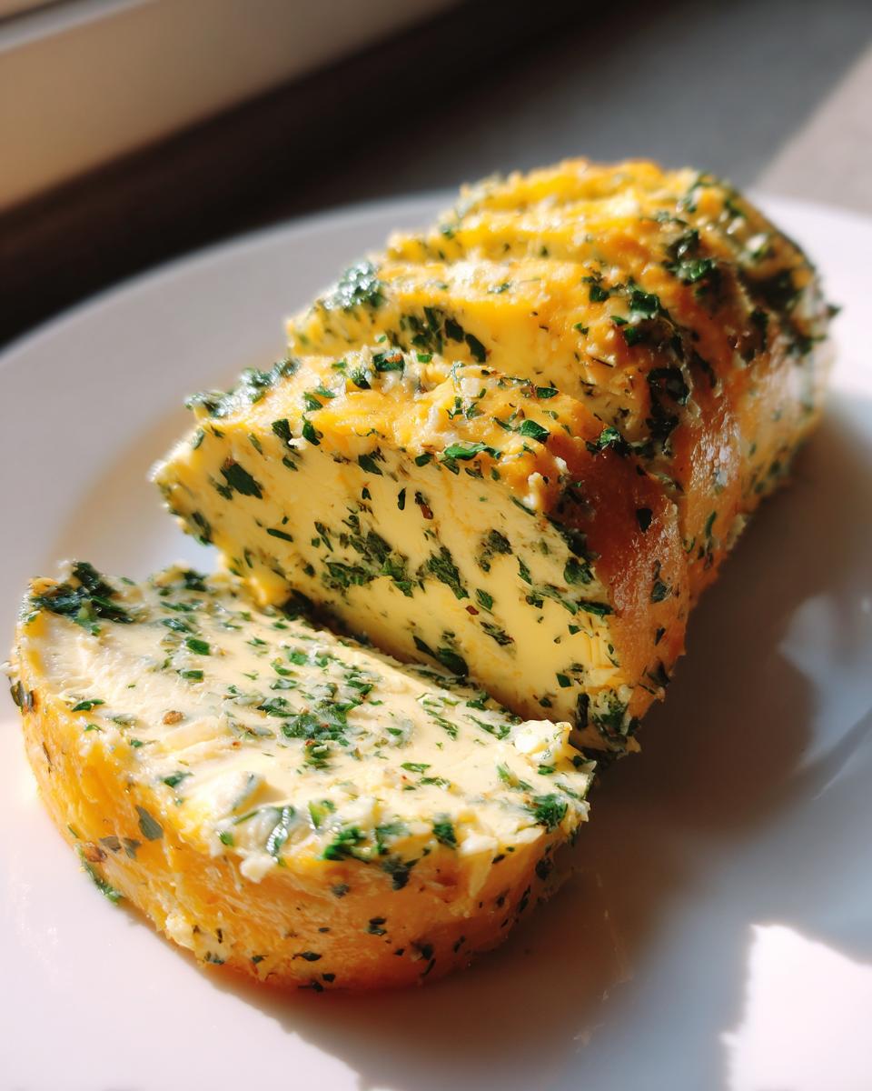 Close-up of sliced cowboy butter log, showcasing the herb mixture throughout the butter.