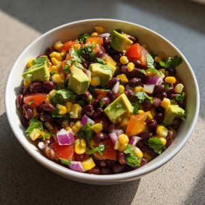 Bowl of vibrant Cowboy caviar with black beans, corn, avocado, tomatoes, and red onion.