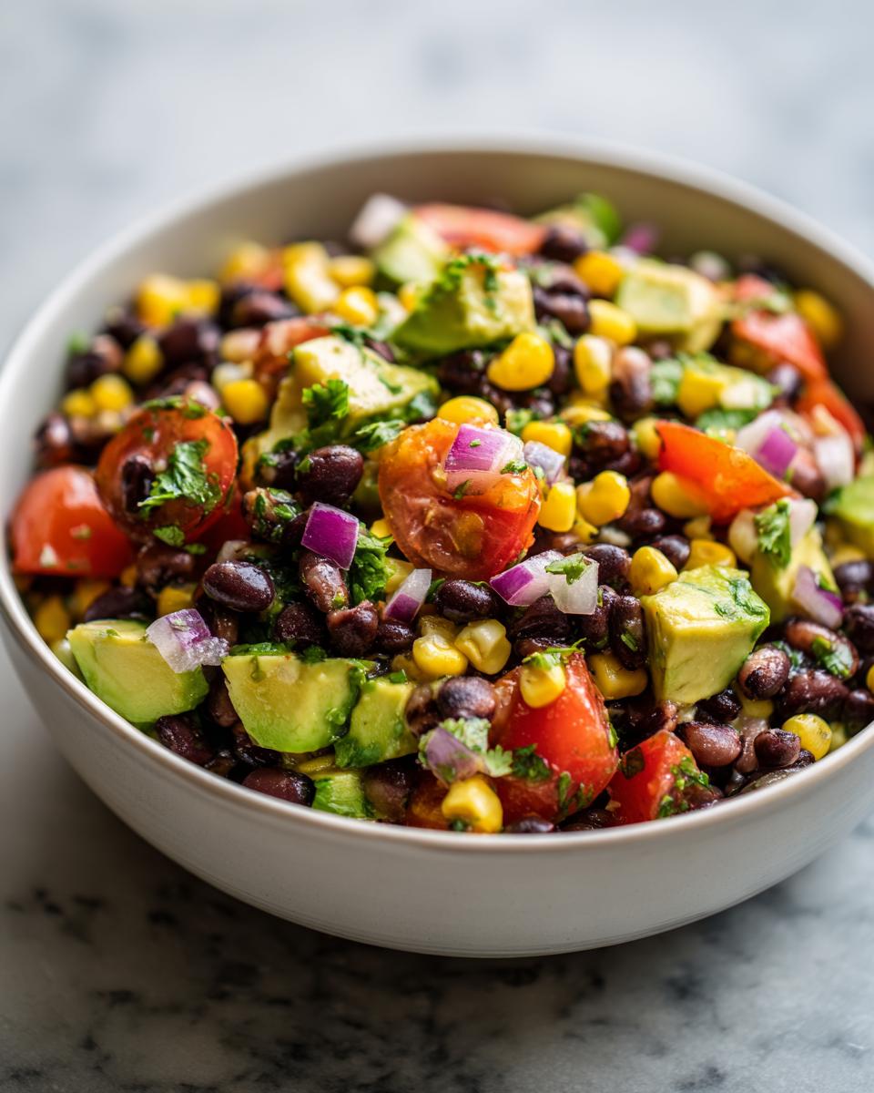 Close-up of a colorful bowl of Cowboy Caviar with black beans, corn, avocado, tomatoes, and red onion.