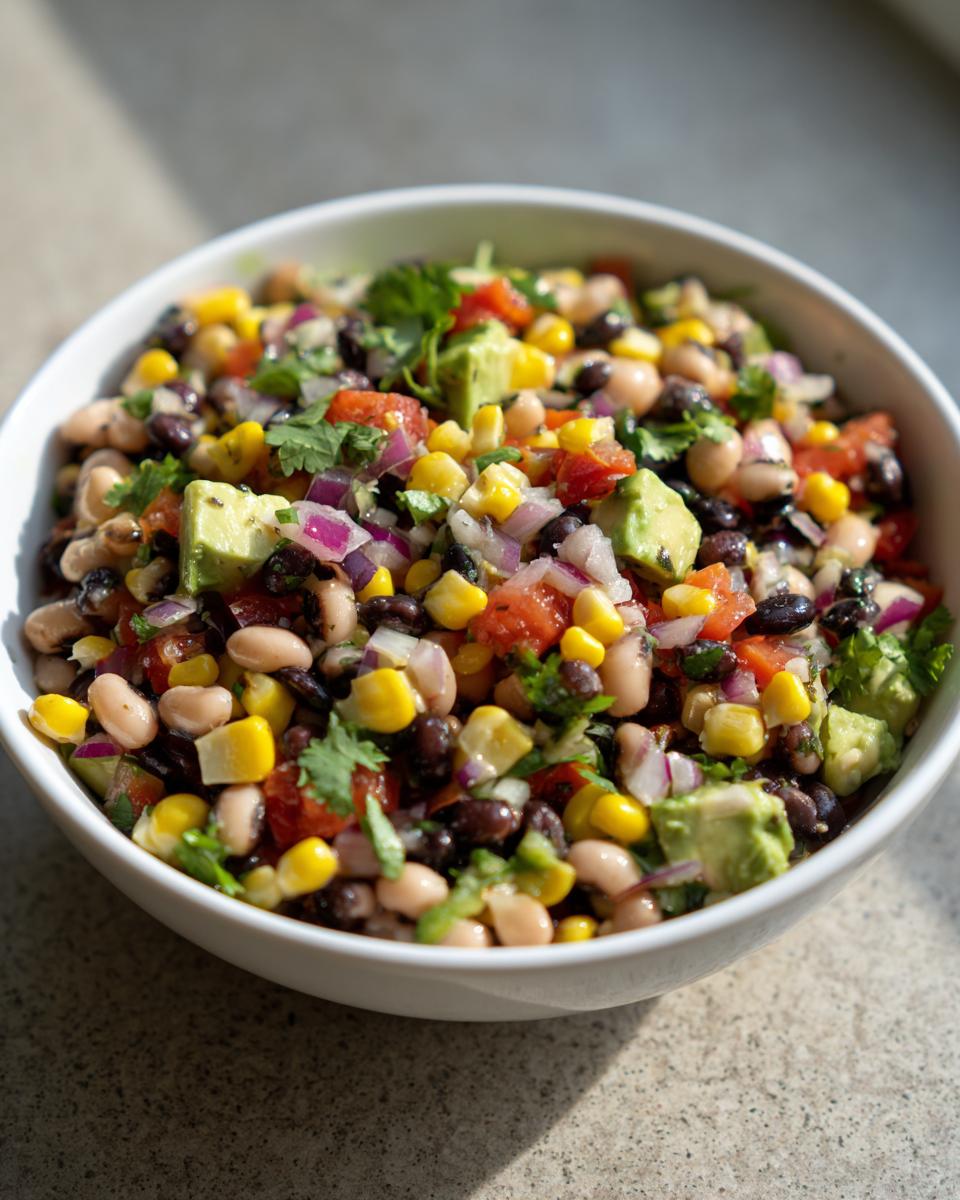 A colorful bowl of Cowboy Caviar featuring beans, corn, avocado, tomatoes, and red onion.
