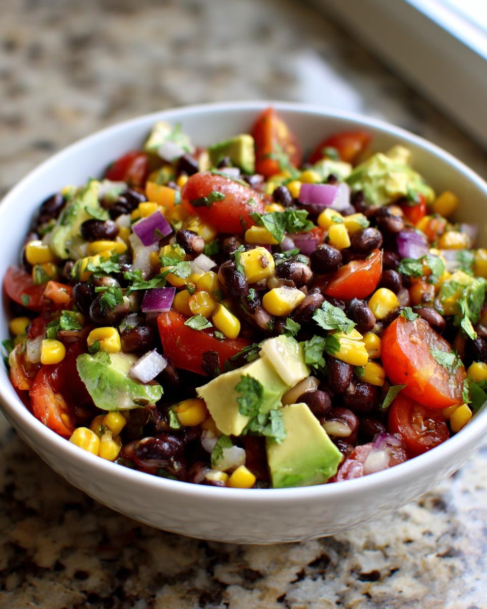 Bowl of vibrant Cowboy Caviar salad with black beans, corn, tomatoes, avocado, red onion, and cilantro.