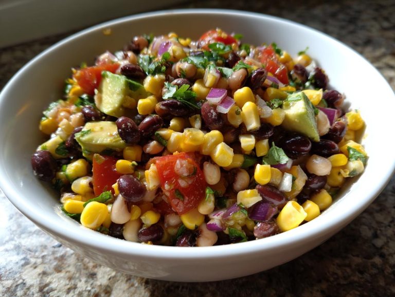A bowl of vibrant Cowboy Caviar featuring corn, beans, avocado, tomatoes, and red onion.