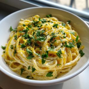 A bowl of Creamy Lemon Pasta, garnished with fresh parsley and lemon zest.