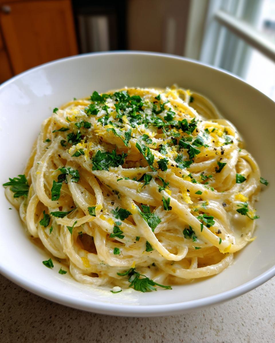 A bowl of Creamy Lemon Pasta, topped with fresh parsley and lemon zest, ready to eat.