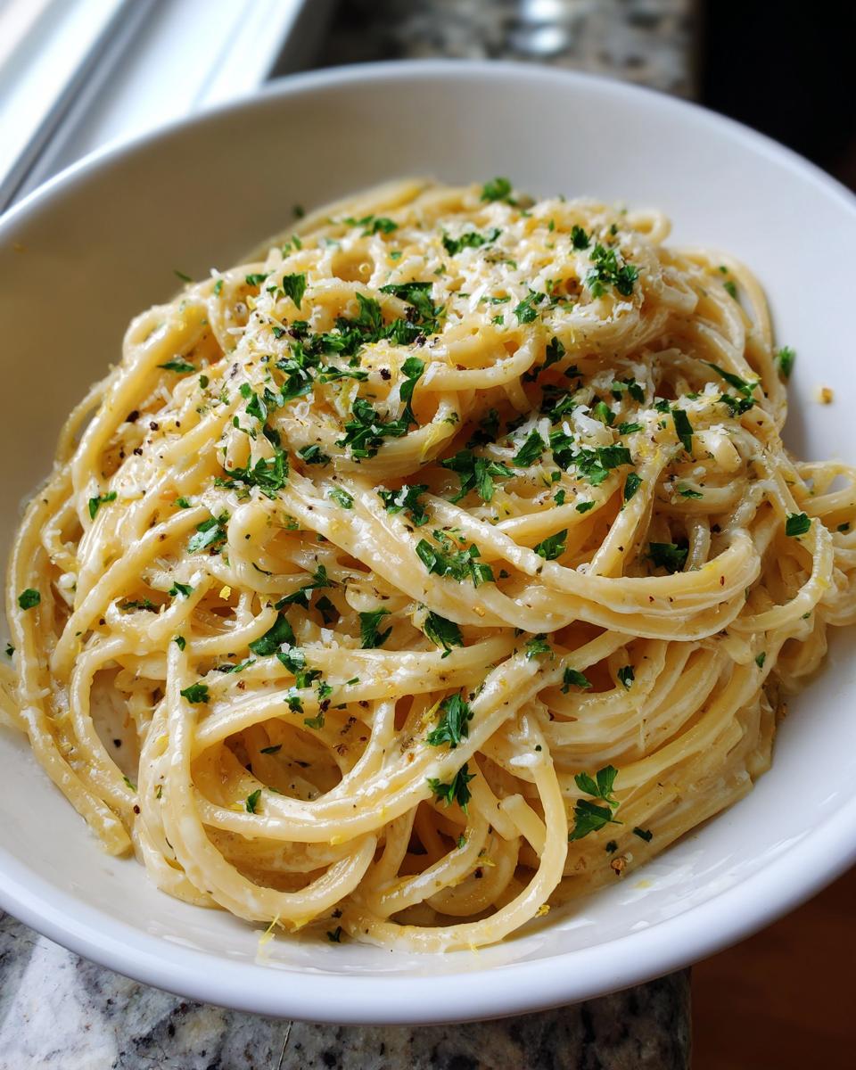 A bowl of Creamy Lemon Pasta, topped with fresh herbs and grated cheese, ready to eat.