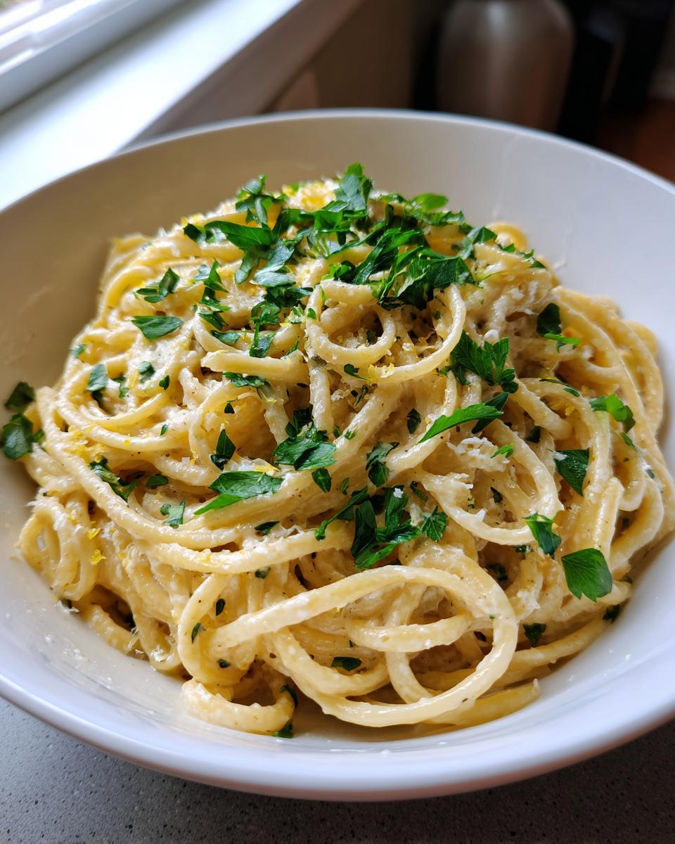 A delicious bowl of Creamy Lemon Pasta, garnished with fresh parsley and lemon zest.