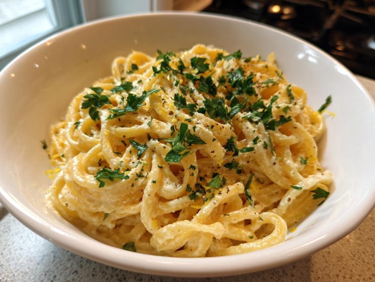A delicious bowl of Creamy Lemon Pasta topped with fresh parsley, ready to eat.