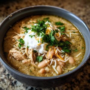 A close-up of a bowl of creamy white chicken chili topped with sour cream, shredded cheese, and fresh cilantro.