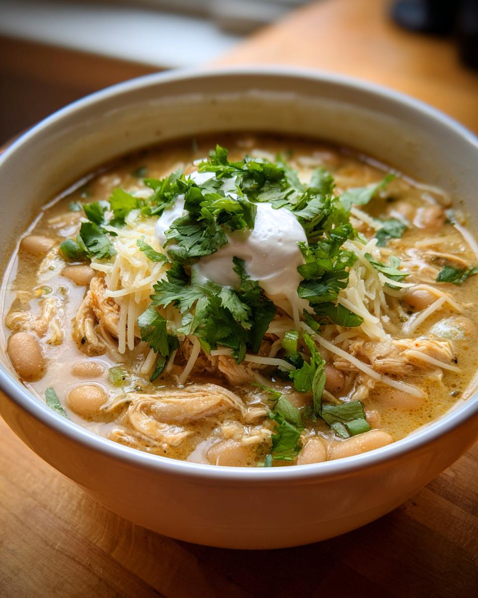 A close-up of a bowl of creamy white chicken chili topped with shredded cheese, sour cream, and cilantro.