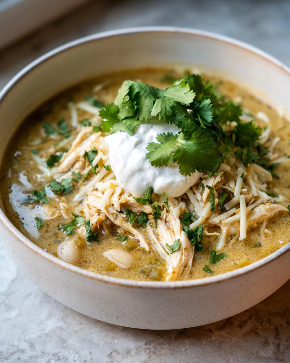 A close-up of a bowl of creamy white chicken chili topped with shredded cheese, sour cream, and cilantro.