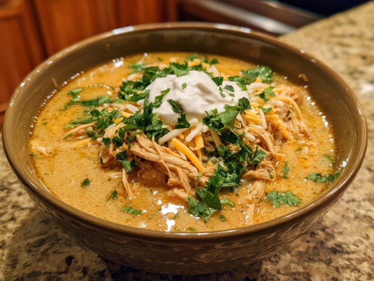 A close-up of a bowl of creamy white chicken chili topped with shredded cheese, sour cream, and fresh cilantro.