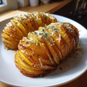 Two golden brown accordion potatoes on a white plate, topped with herbs and parmesan cheese.