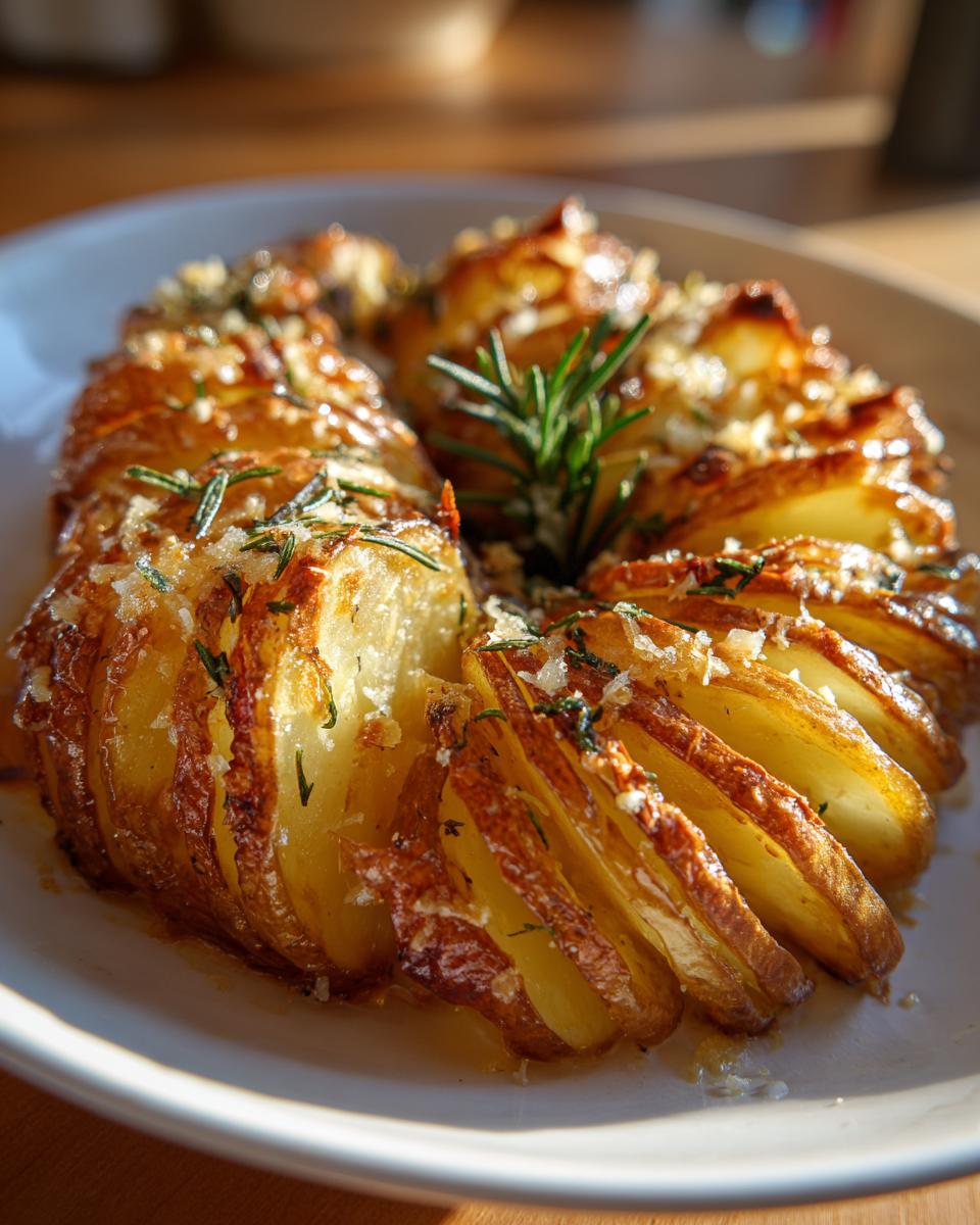Close-up of golden brown accordion potatoes garnished with rosemary and parmesan cheese on a white plate.