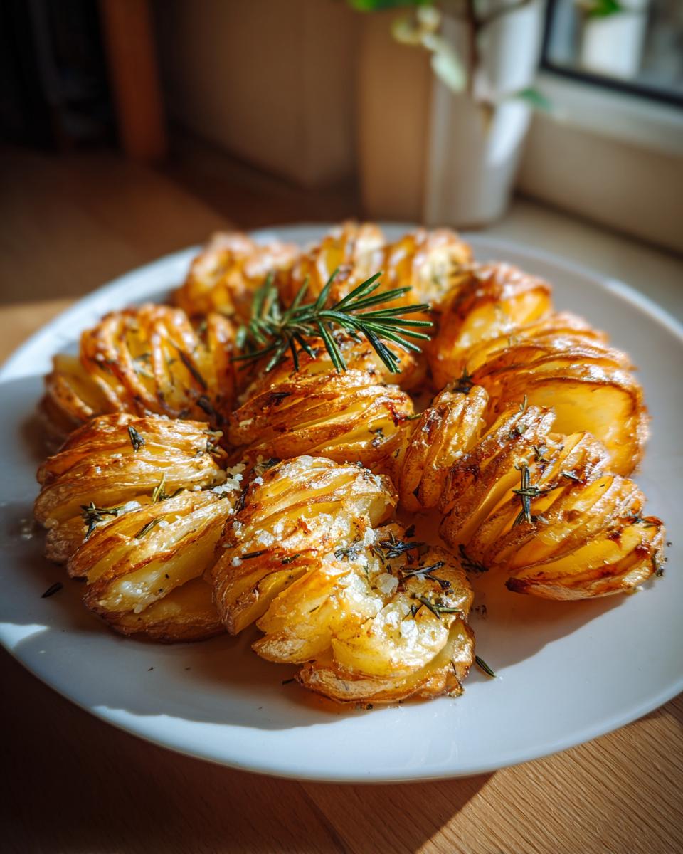 A plate of golden brown, crispy accordion potatoes garnished with fresh rosemary and herbs.