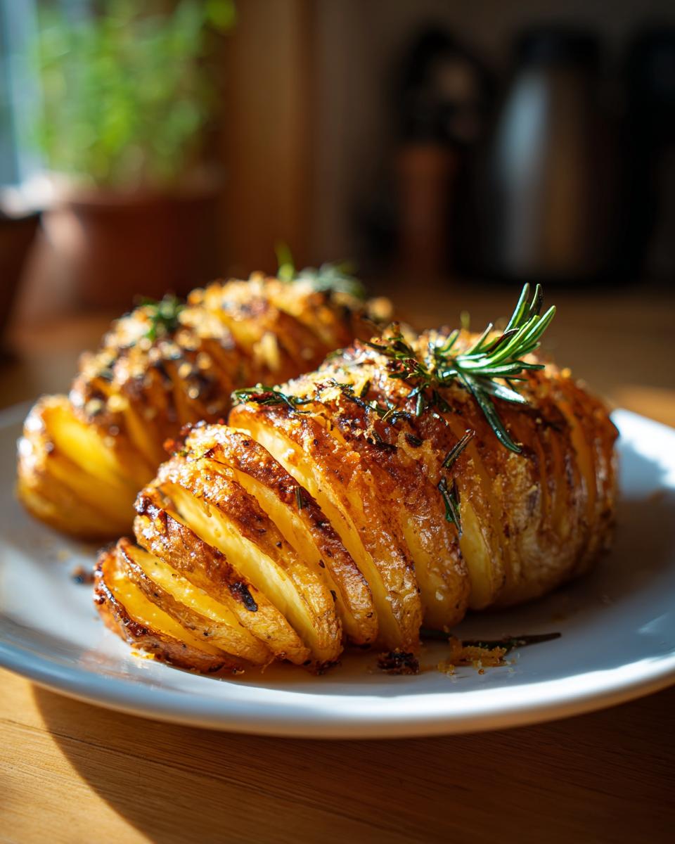 Two golden brown accordion potatoes on a white plate, garnished with rosemary.