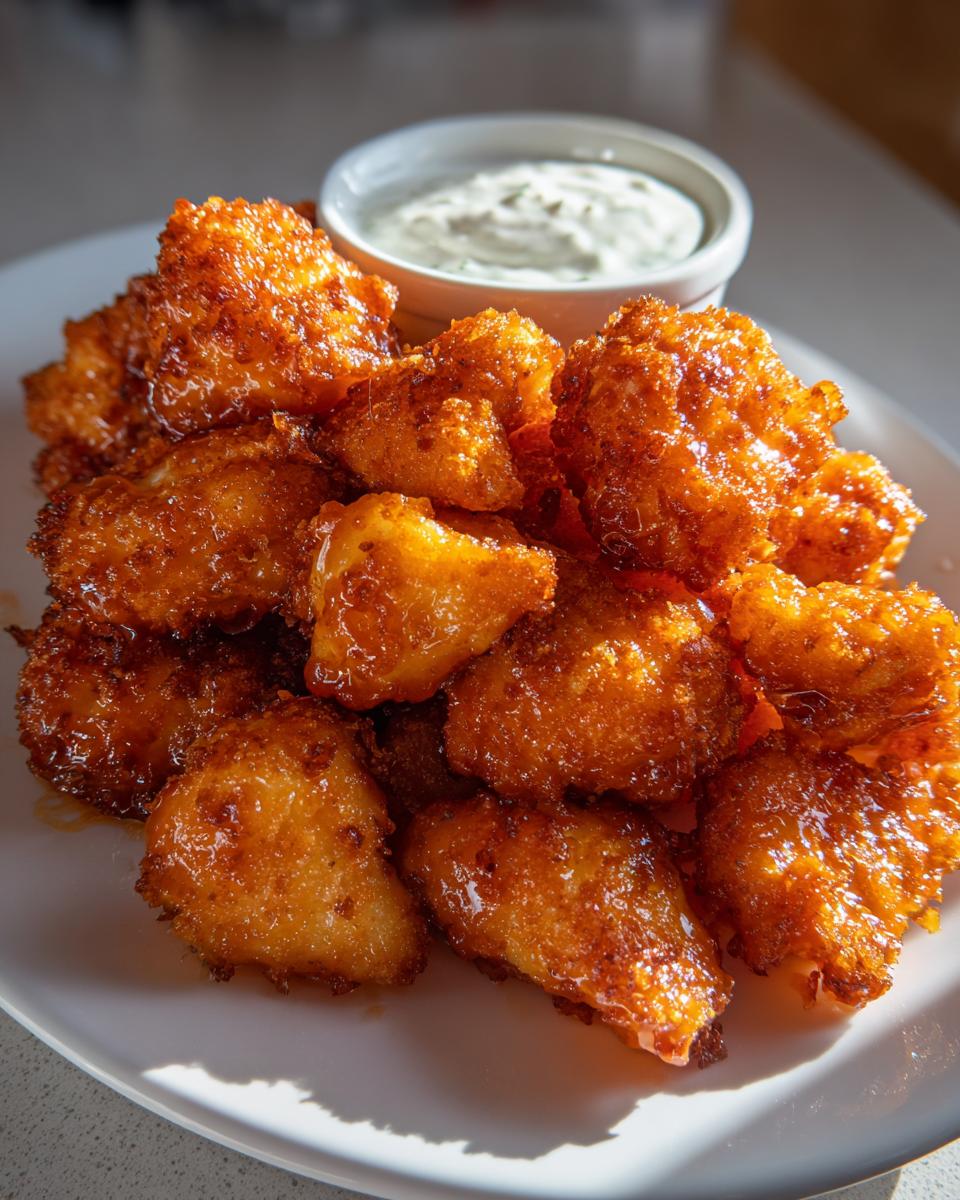A close-up of a pile of crispy, golden-brown buffalo cauliflower bites served with a small bowl of creamy dip.