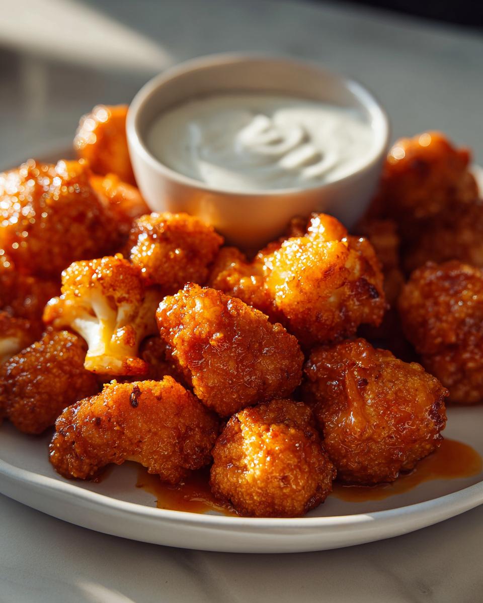 A plate of crispy buffalo cauliflower bites coated in a glossy sauce, served with a side of creamy dip.