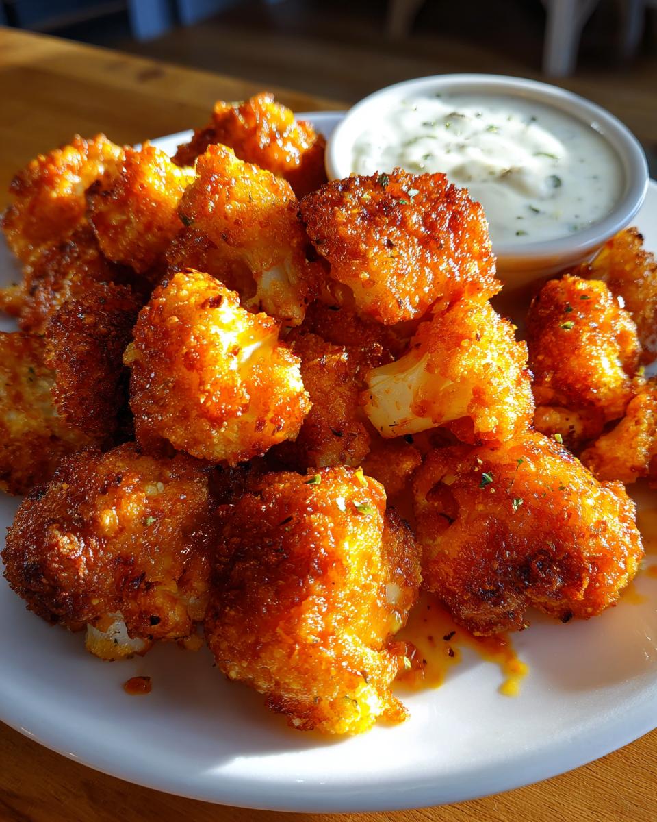 Close-up of a plate piled high with crispy Buffalo cauliflower bites, served with a side of creamy dipping sauce.