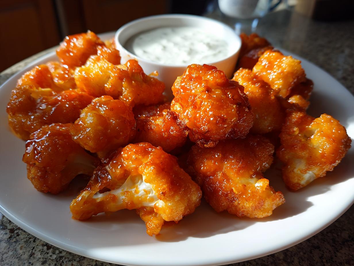 A plate of golden-brown, crispy buffalo cauliflower bites coated in a glossy orange sauce, served with a side of ranch dip.