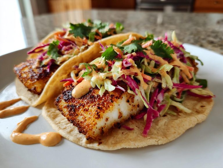 Two crispy fish tacos with slaw, cilantro, and a creamy sauce on a white plate.