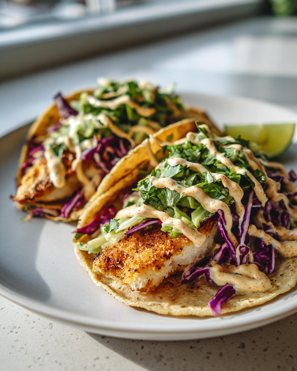 Two crispy fish tacos with slaw, drizzled sauce, and a lime wedge on a plate.