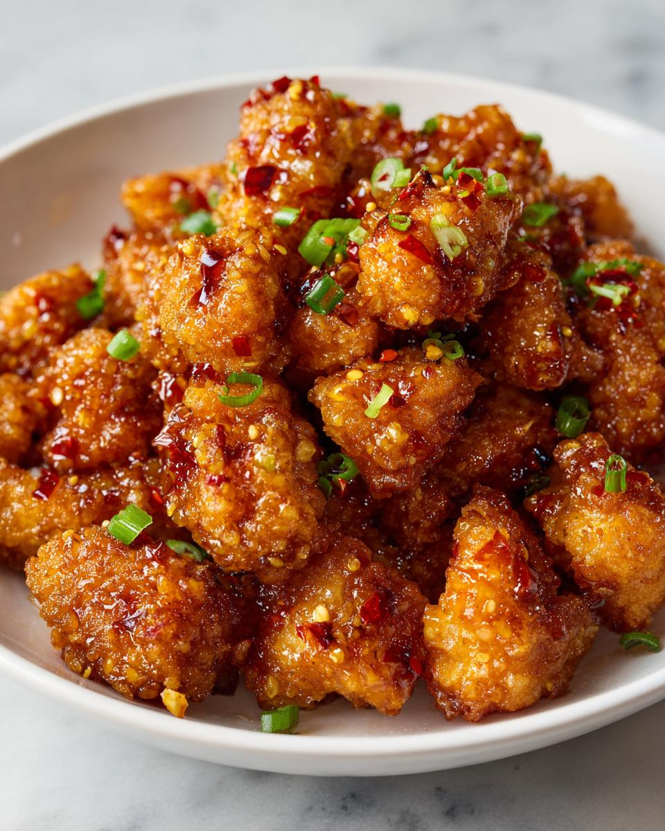 A bowl of Crispy Sweet Chili Chicken, garnished with green onions and red pepper flakes.