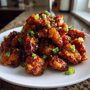 A serving of Crispy Sweet Chili Chicken pieces on a white plate, garnished with green onions.