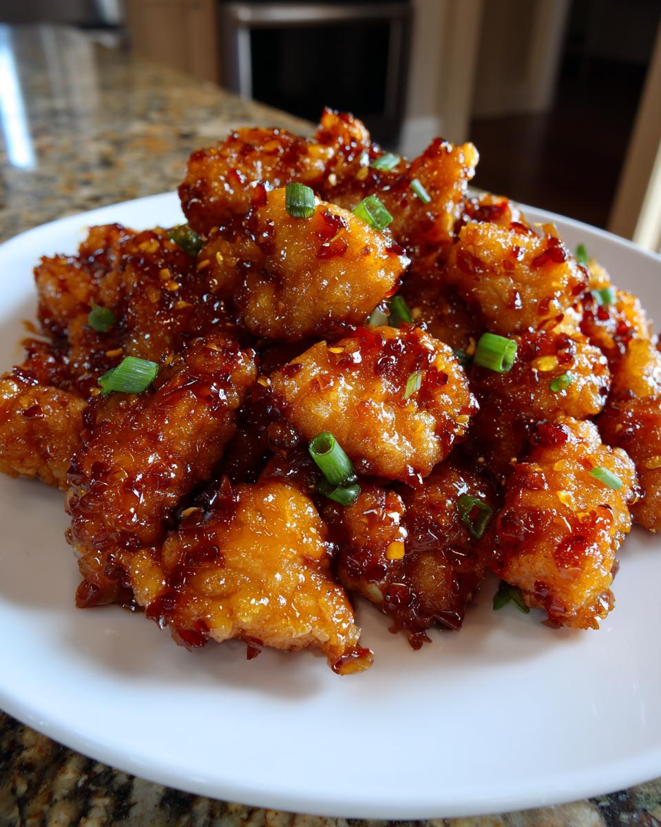 A plate of Crispy Sweet Chili Chicken, garnished with green onions and chili flakes.