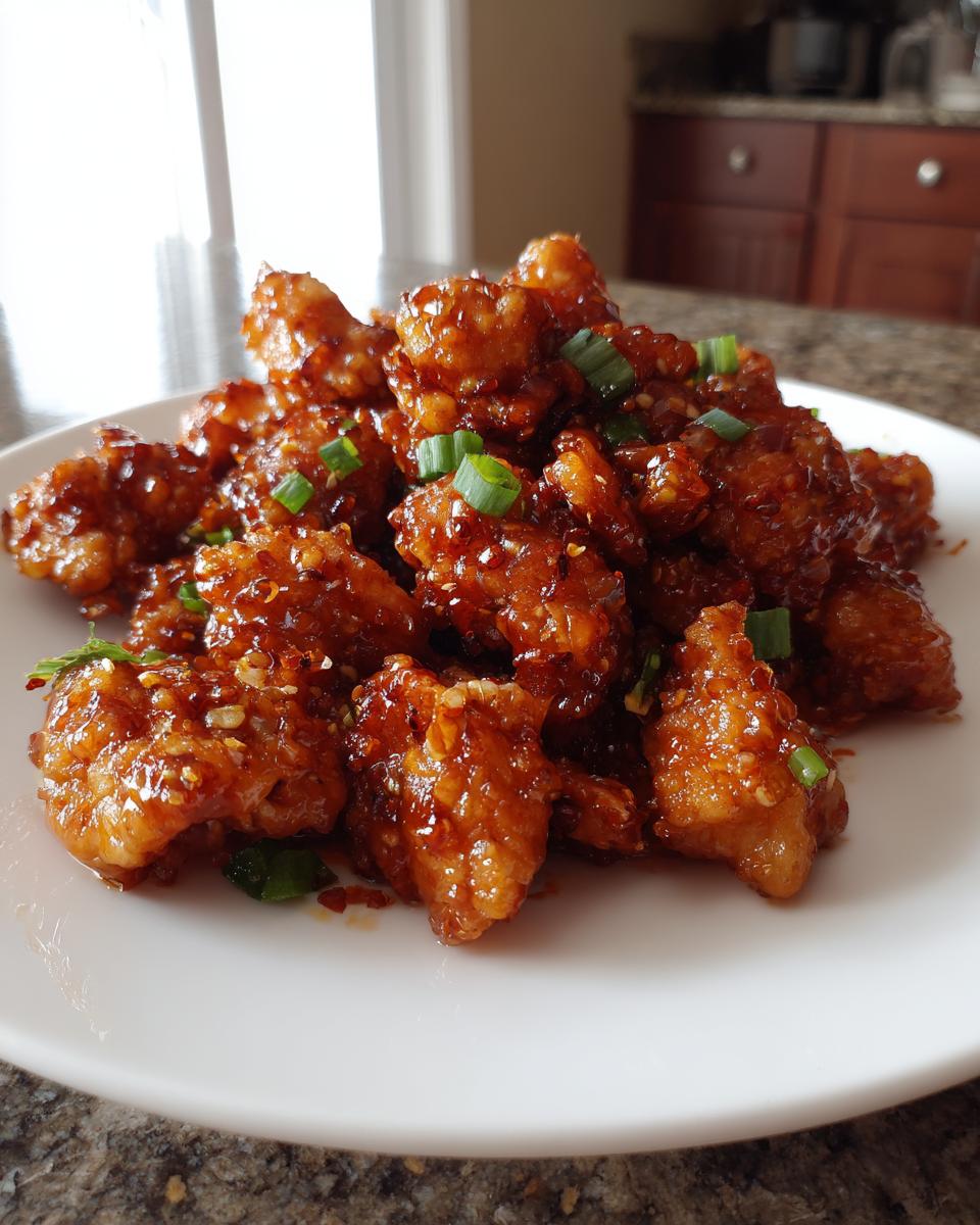 A plate of Crispy Sweet Chili Chicken, garnished with green onions and sesame seeds.
