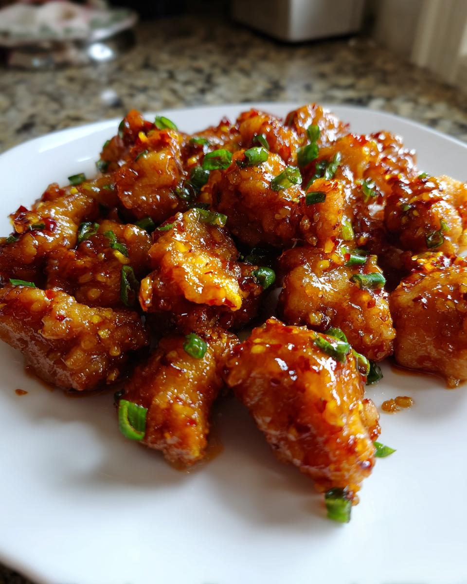 Close-up of Crispy Sweet Chili Chicken pieces on a white plate, garnished with green onions.