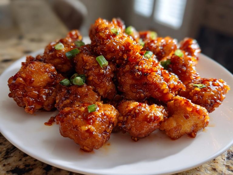 Close-up of Crispy Sweet Chili Chicken pieces on a white plate, garnished with green onions.