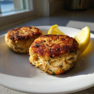 Two golden-brown Tuna Patties on a white plate, garnished with lemon wedges.