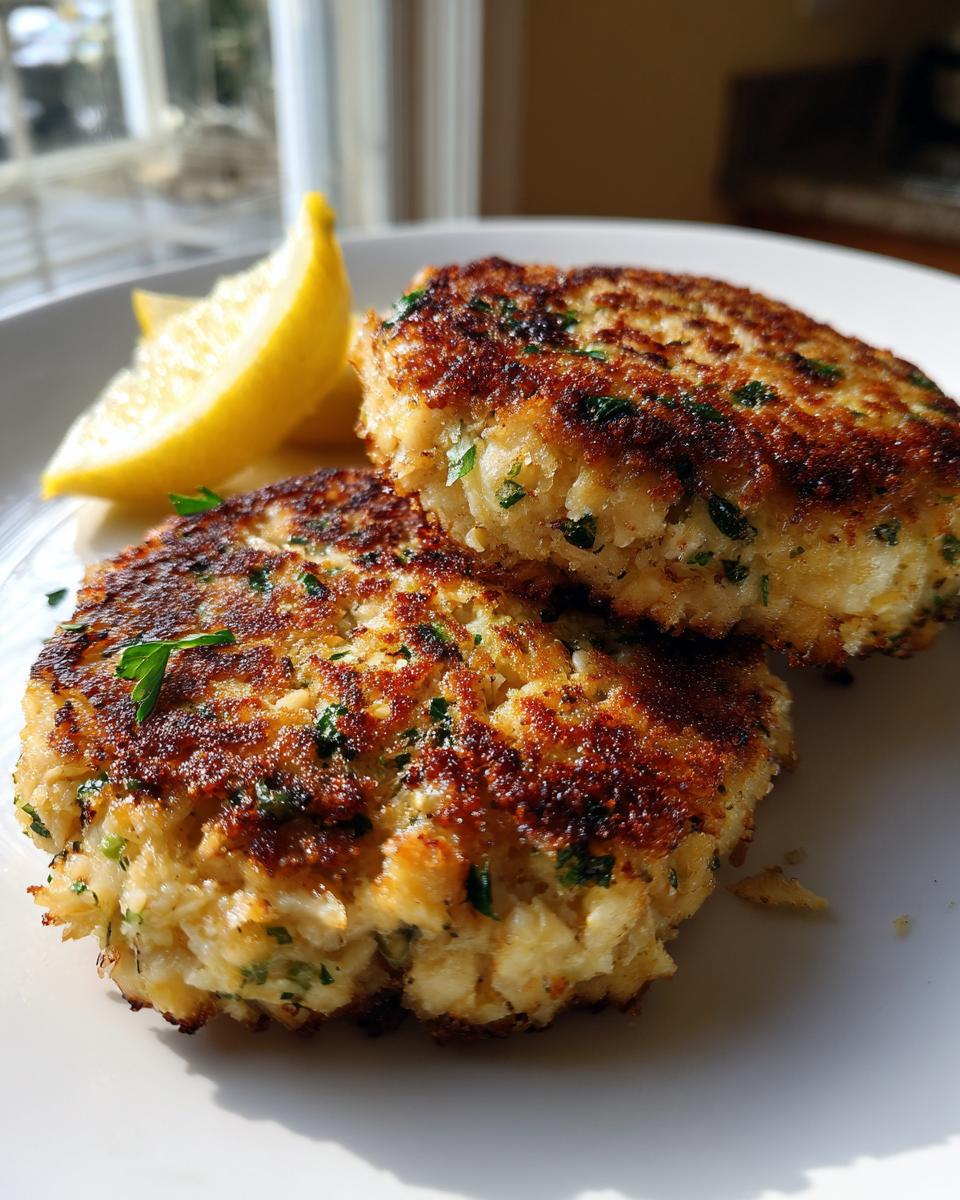 Two golden-brown Tuna Patties served on a white plate with lemon wedges, garnished with fresh herbs.