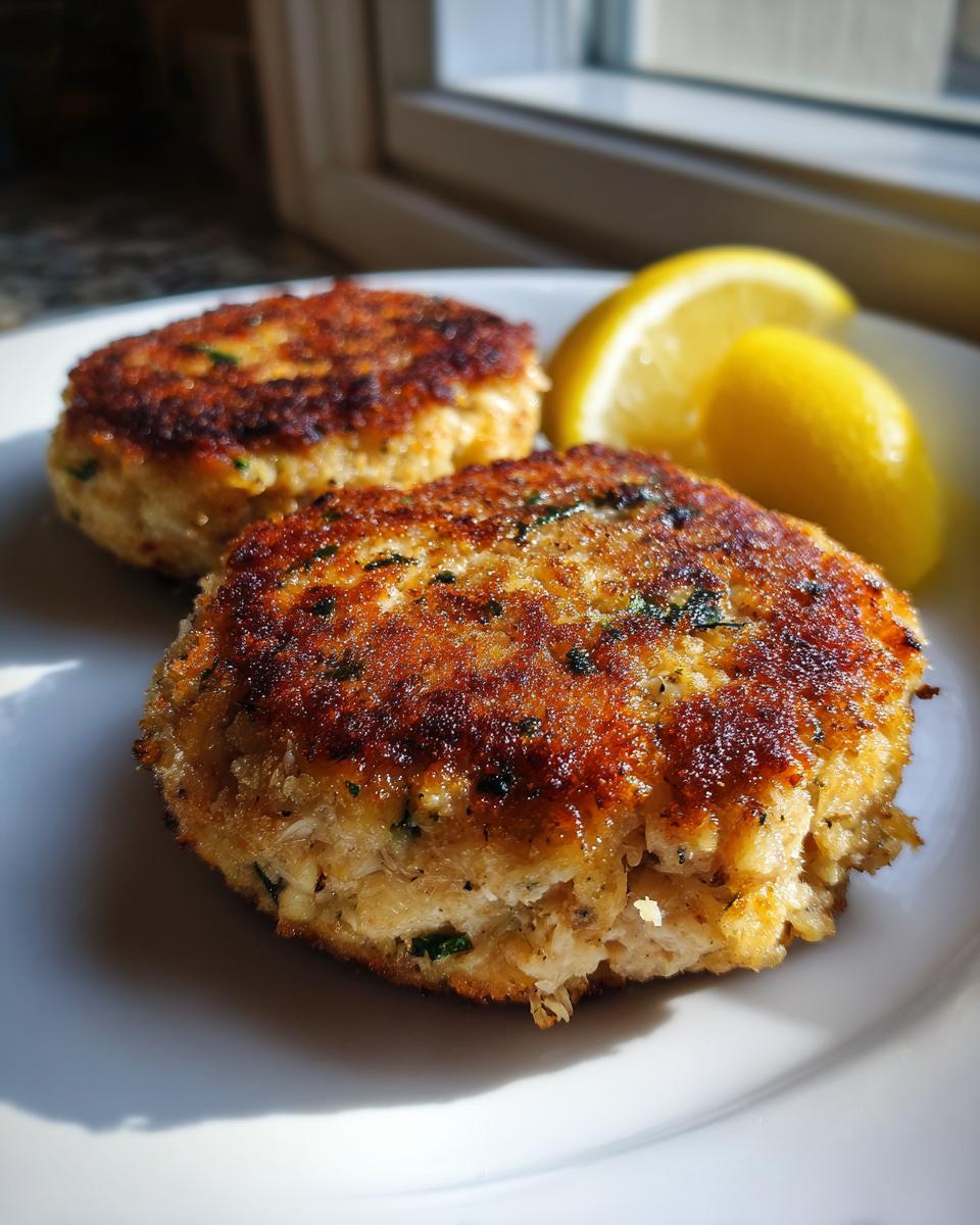 Two golden-brown Tuna Patties on a white plate, served with fresh lemon wedges.