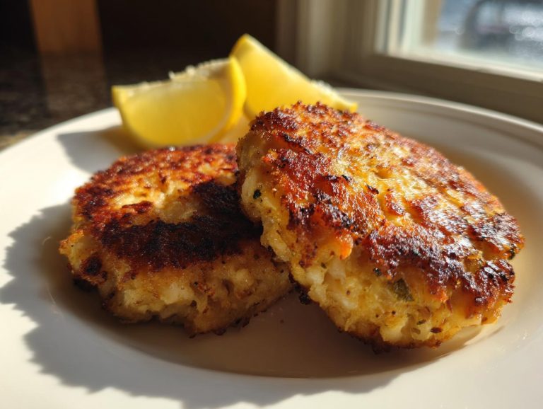 Two golden-brown Tuna Patties on a plate with lemon wedges, ready to be enjoyed.