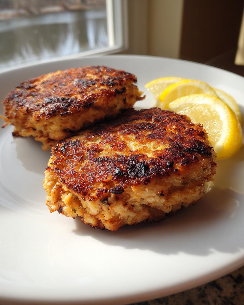 Two golden-brown Tuna Patties on a white plate, garnished with fresh lemon wedges.