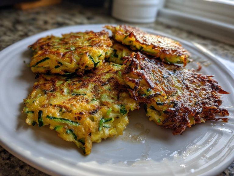 A plate of golden brown zucchini fritters, showcasing their crispy texture and fresh zucchini.