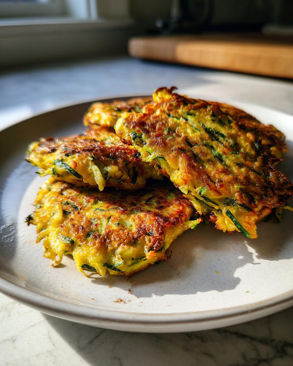 A plate of golden brown, crispy zucchini fritters, showcasing their texture and appetizing appearance.