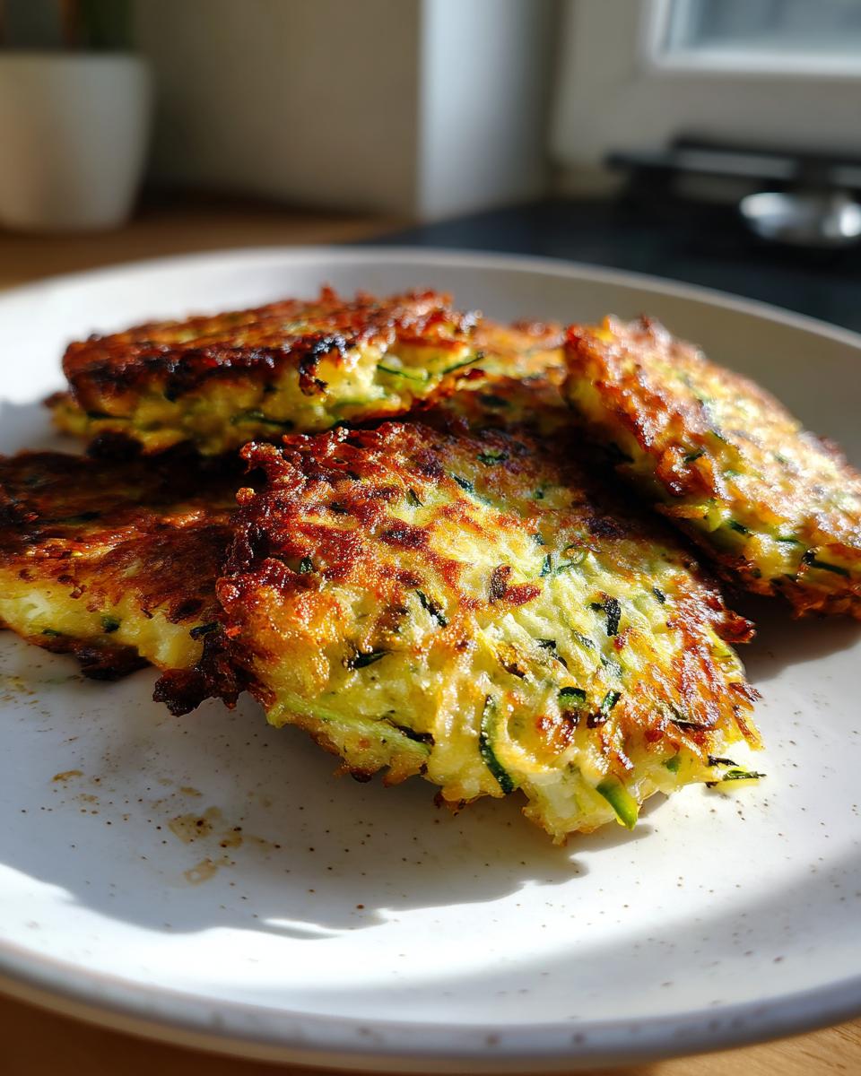 A plate of golden-brown zucchini fritters, showcasing their crispy texture and fresh zucchini filling.