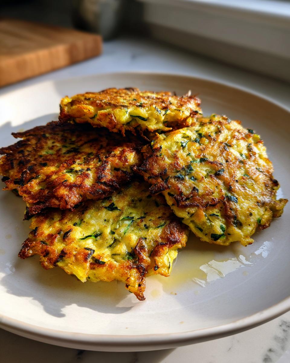 A stack of golden brown zucchini fritters on a plate, showcasing their crispy texture and fresh ingredients.