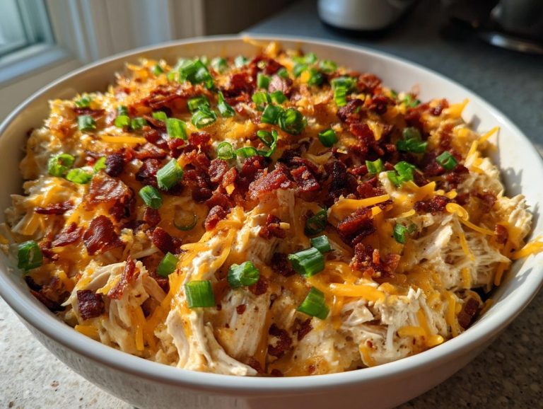 A bowl of Crockpot Crack Chicken generously topped with shredded cheddar cheese, crispy bacon bits, and fresh chopped green onions.
