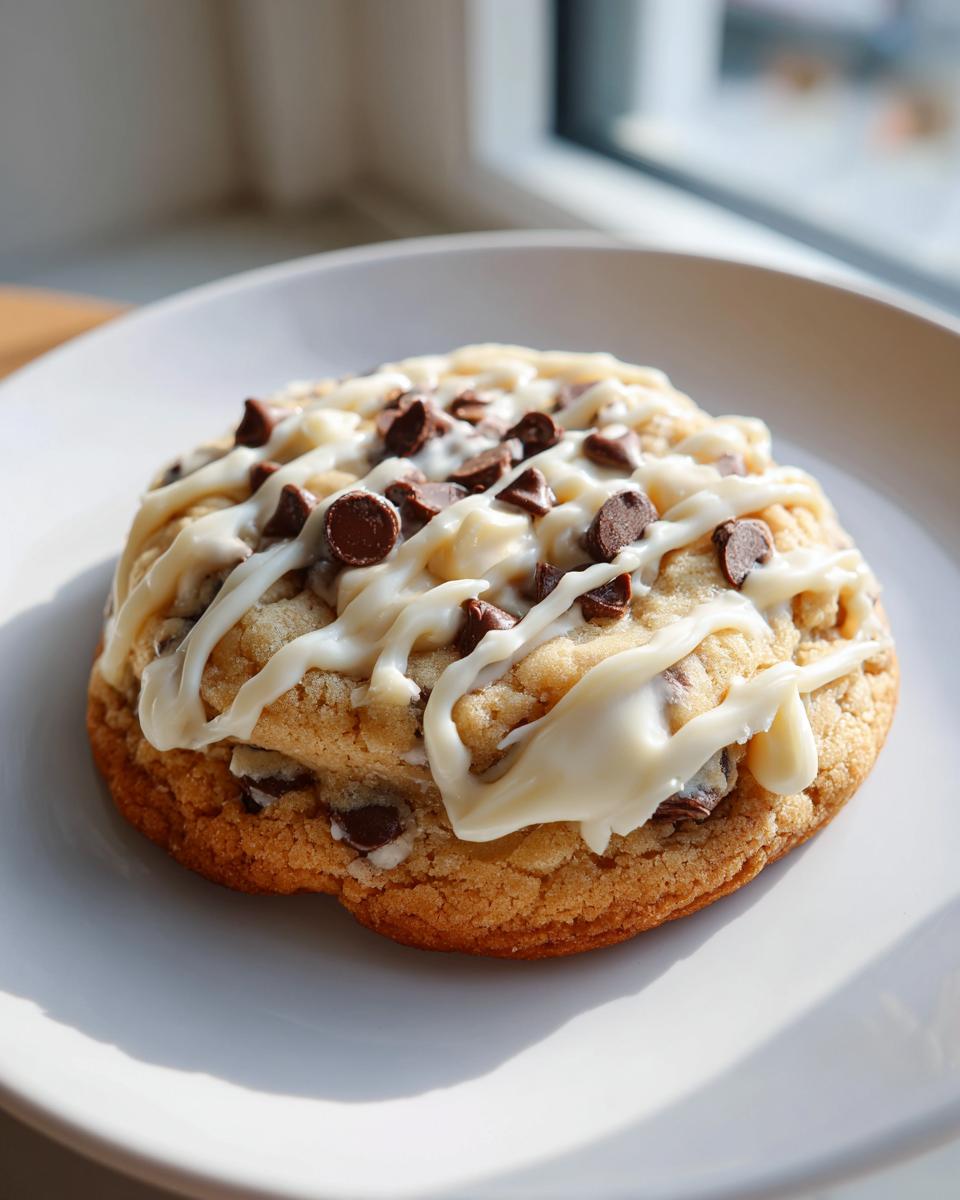 A tempting Crumbl cookie copycat, topped with white icing and chocolate chips, sits on a white plate.