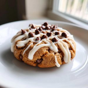 A homemade Crumbl cookie copycat, topped with white icing and chocolate chips, sits on a white plate.