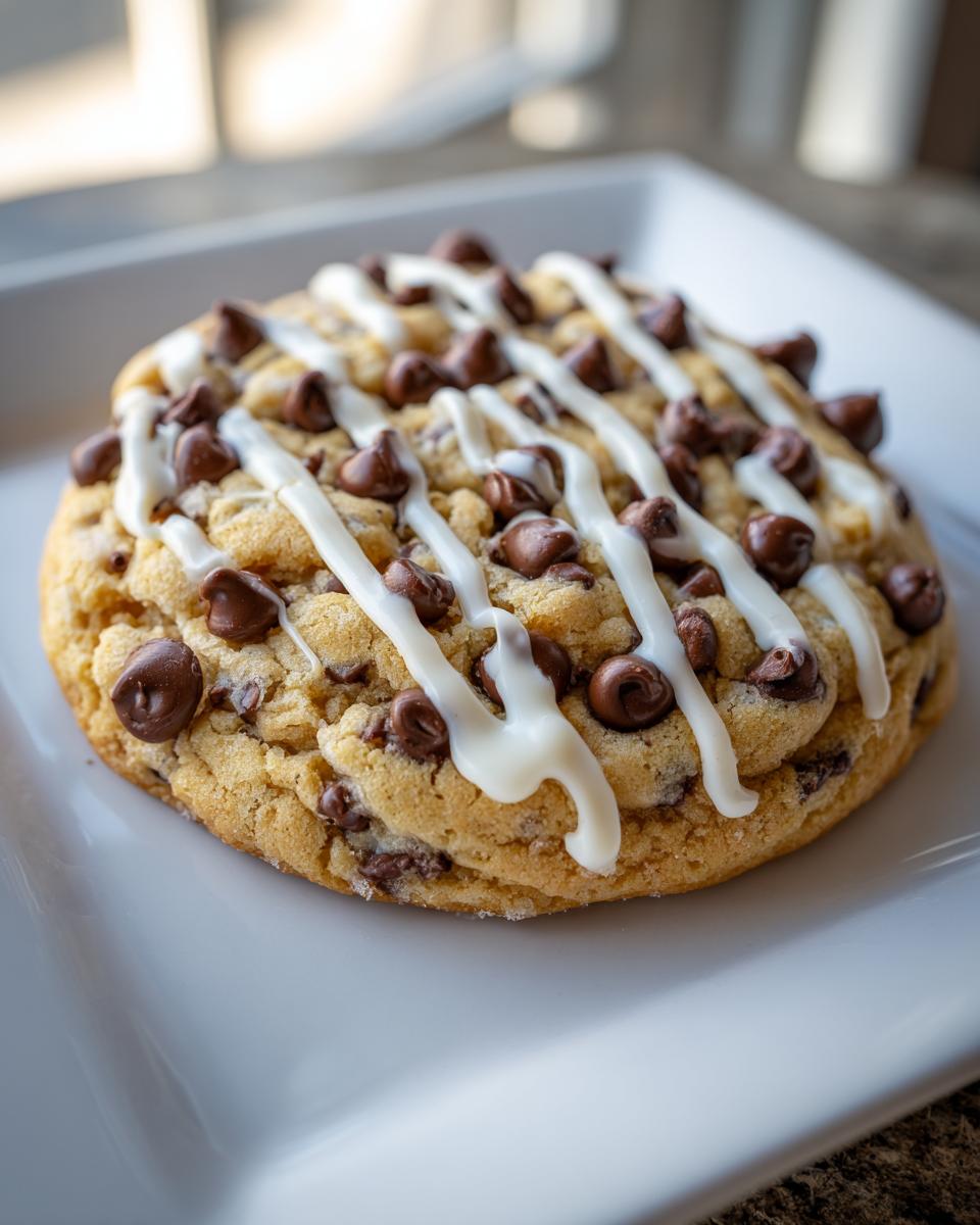 A close-up of a Crumbl cookie copycat, topped with chocolate chips and a white drizzle on a white plate.