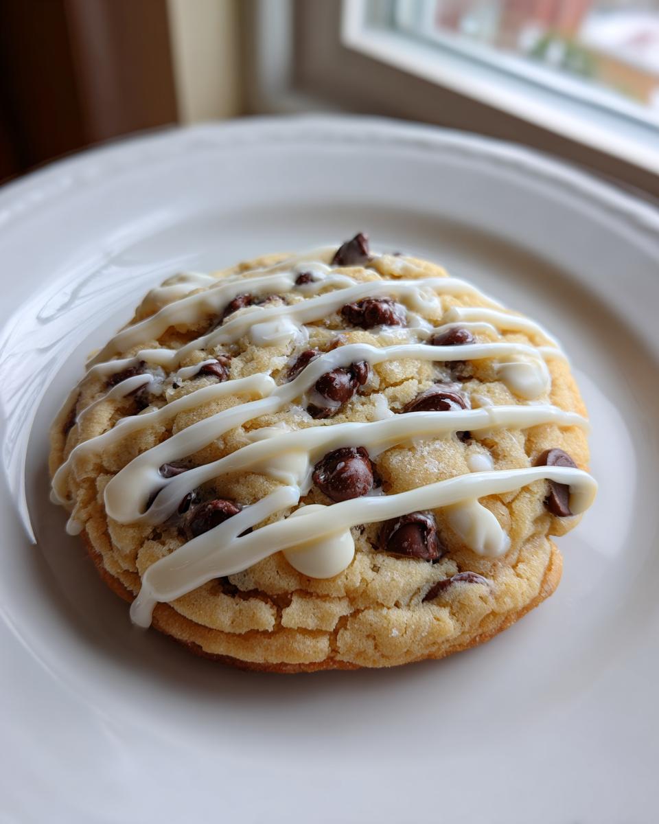 A tempting Crumbl cookie copycat, topped with chocolate chips and a white drizzle, sits on a white plate.